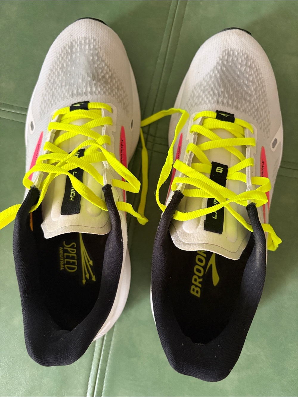 Brooks Launch 9 Running Shoes with Neon Yellow Laces and Pink Accents